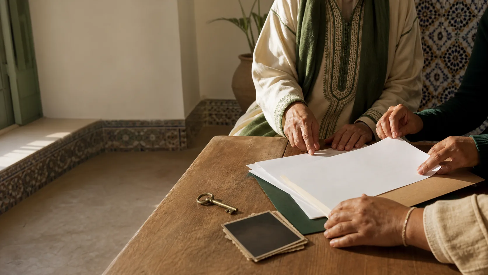 Famille réunie autour des documents d'une maison héritée au Maroc